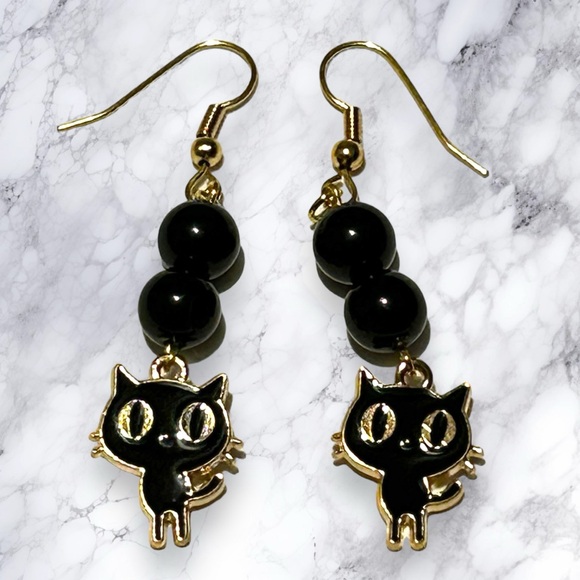 Hand Crafted Jewelry - Hand Crafted Earring Black Cats Obsidian Kitty Dangle Pierced Hypoallergenic